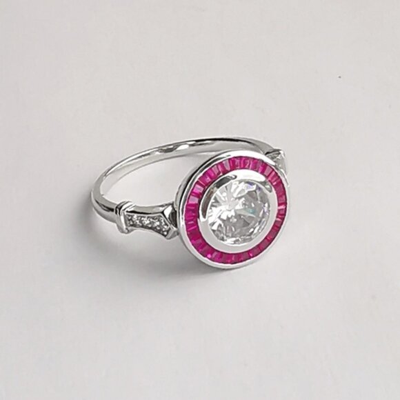 Art Deco White Sapphire and Ruby Ring in Sterling Silver engagement size 6 - Picture 2 of 12